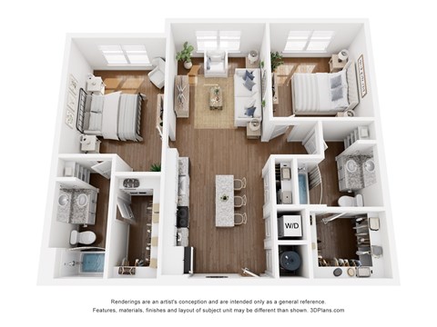 A 3D floor plan of a small apartment with a kitchen, living room, and bedrooms.